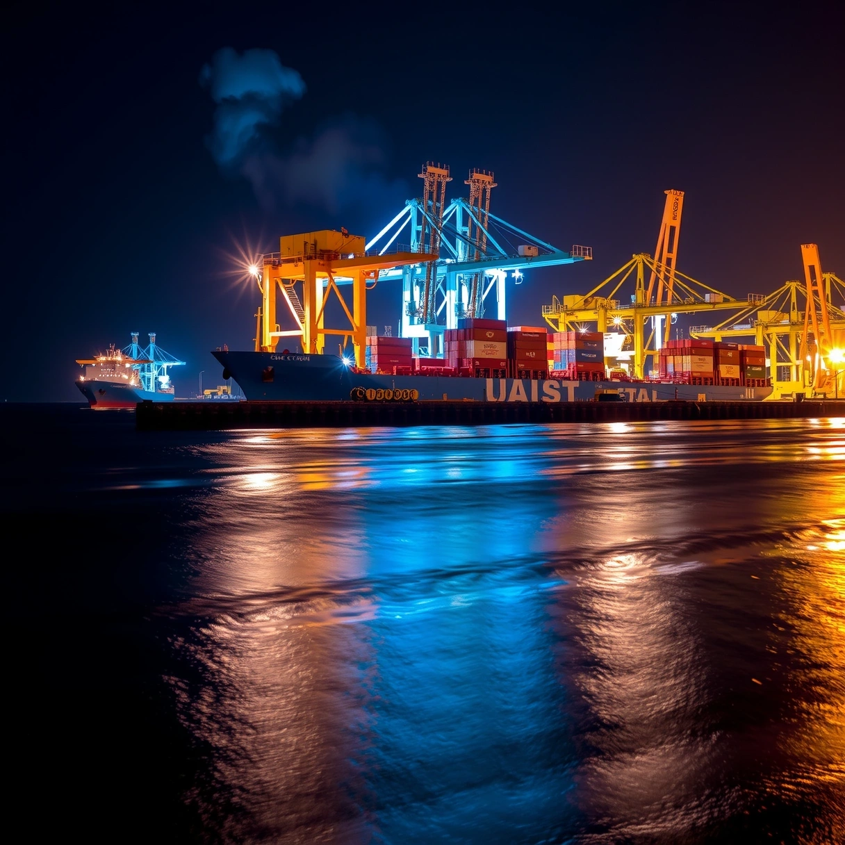 Global maritime logistics hub at night