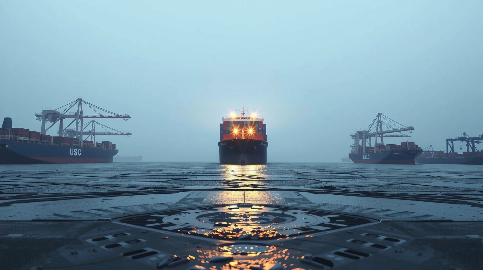 Global shipping vessel at dawn